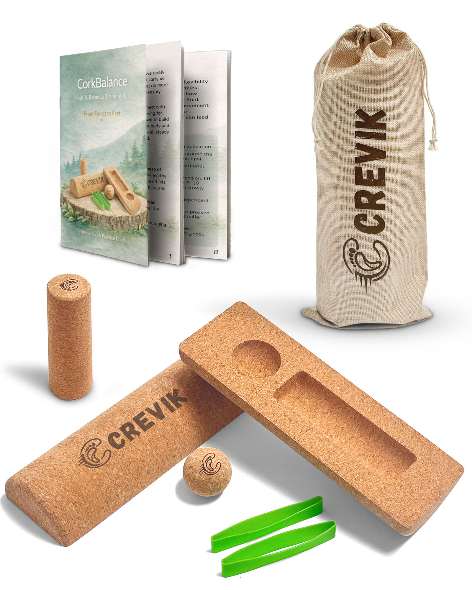 CREVIK Cork Balance Board Kit — balance beams, roller, massage ball, resistance bands, guide, and canvas bag