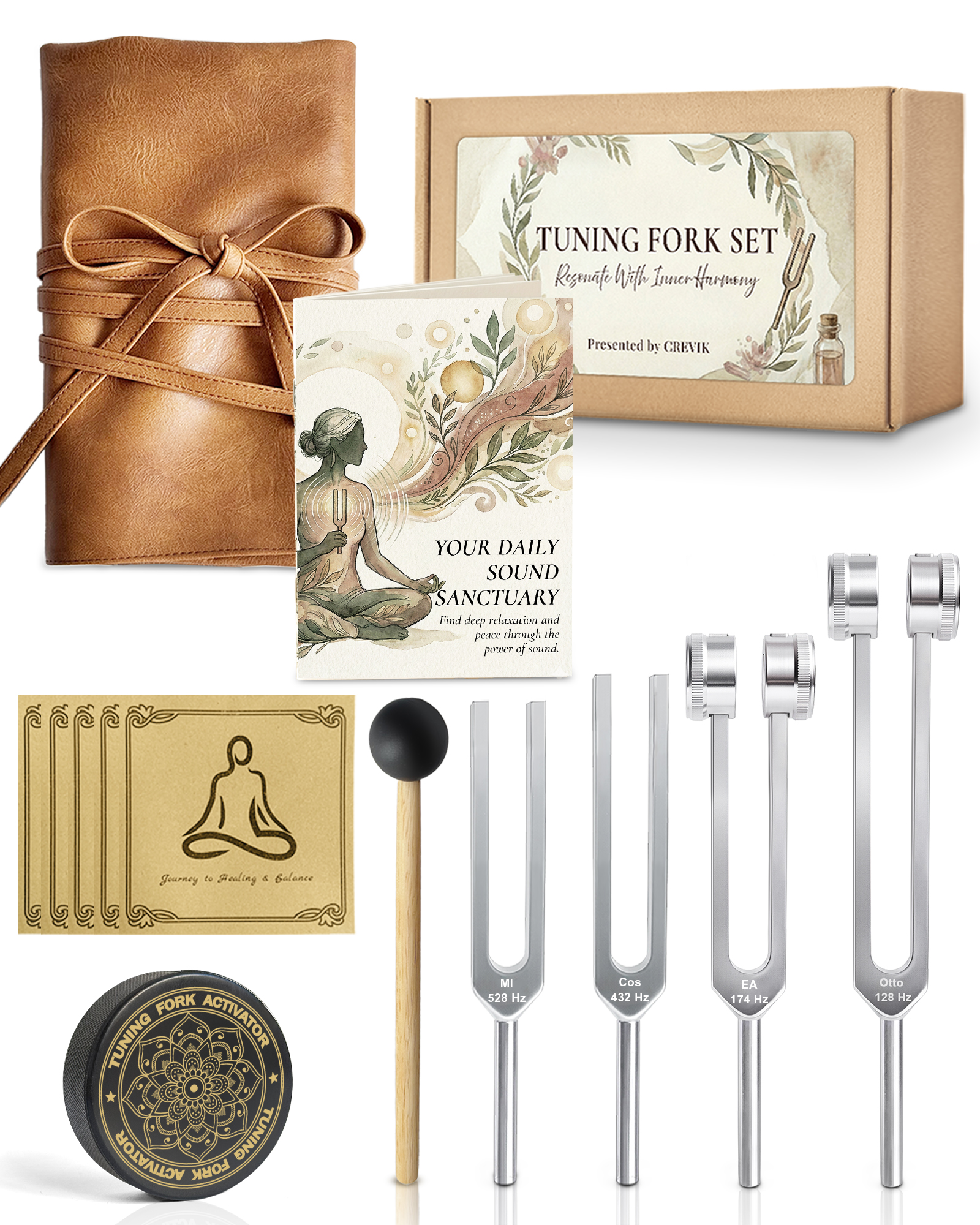 CREVIK Harmony Tuning Fork Set — 4 forks with vegan leather pouch, activator, hammer, and guide