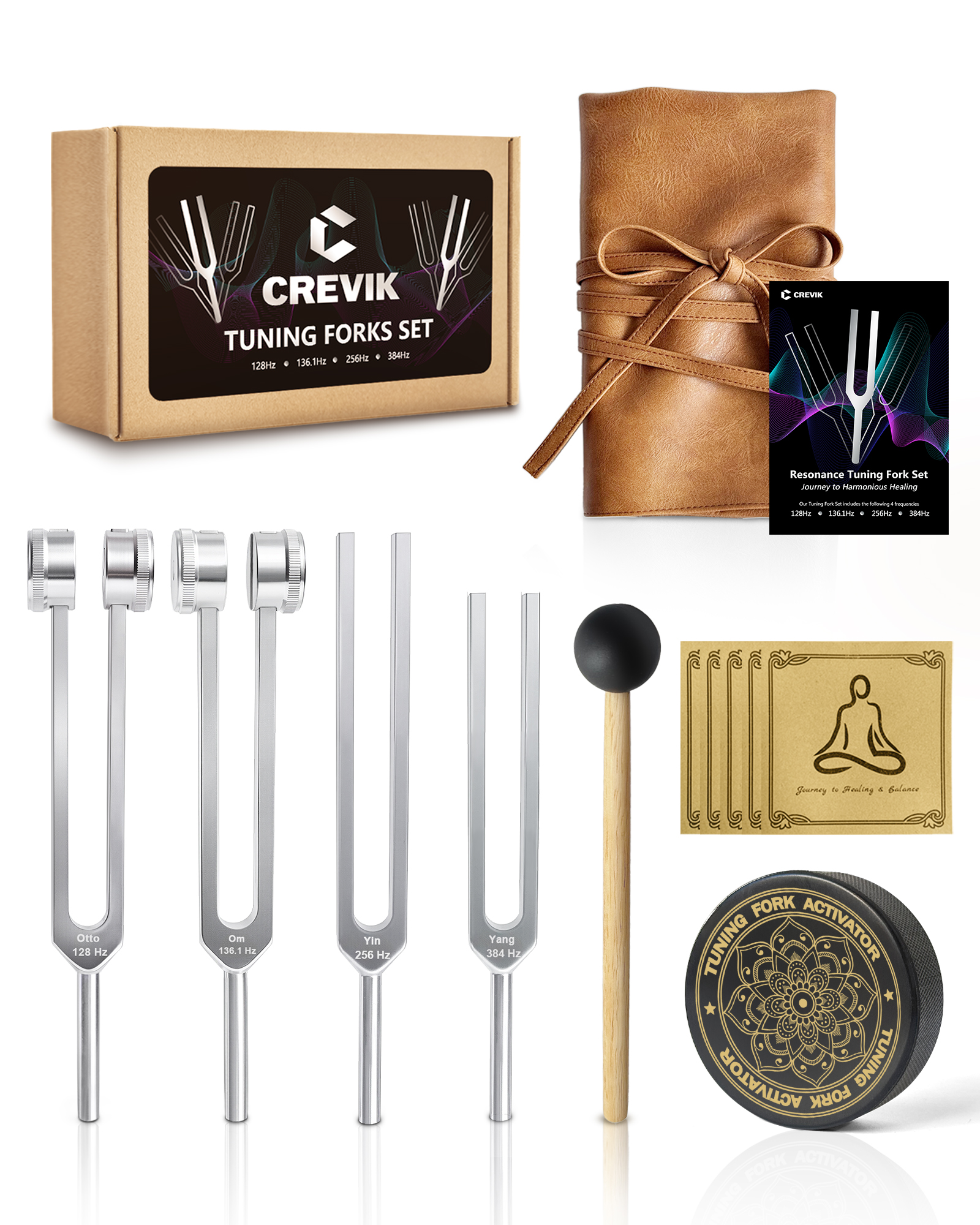 CREVIK Resonance Tuning Fork Set — 4 forks with vegan leather pouch, activator, hammer, and guide